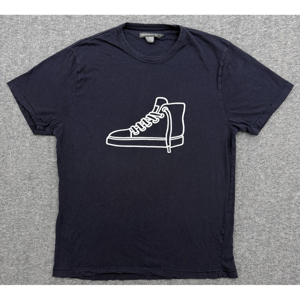 French Connection Mens Large Blue Gym Shoe Sneaker Embroidered Crew Neck T-Shirt